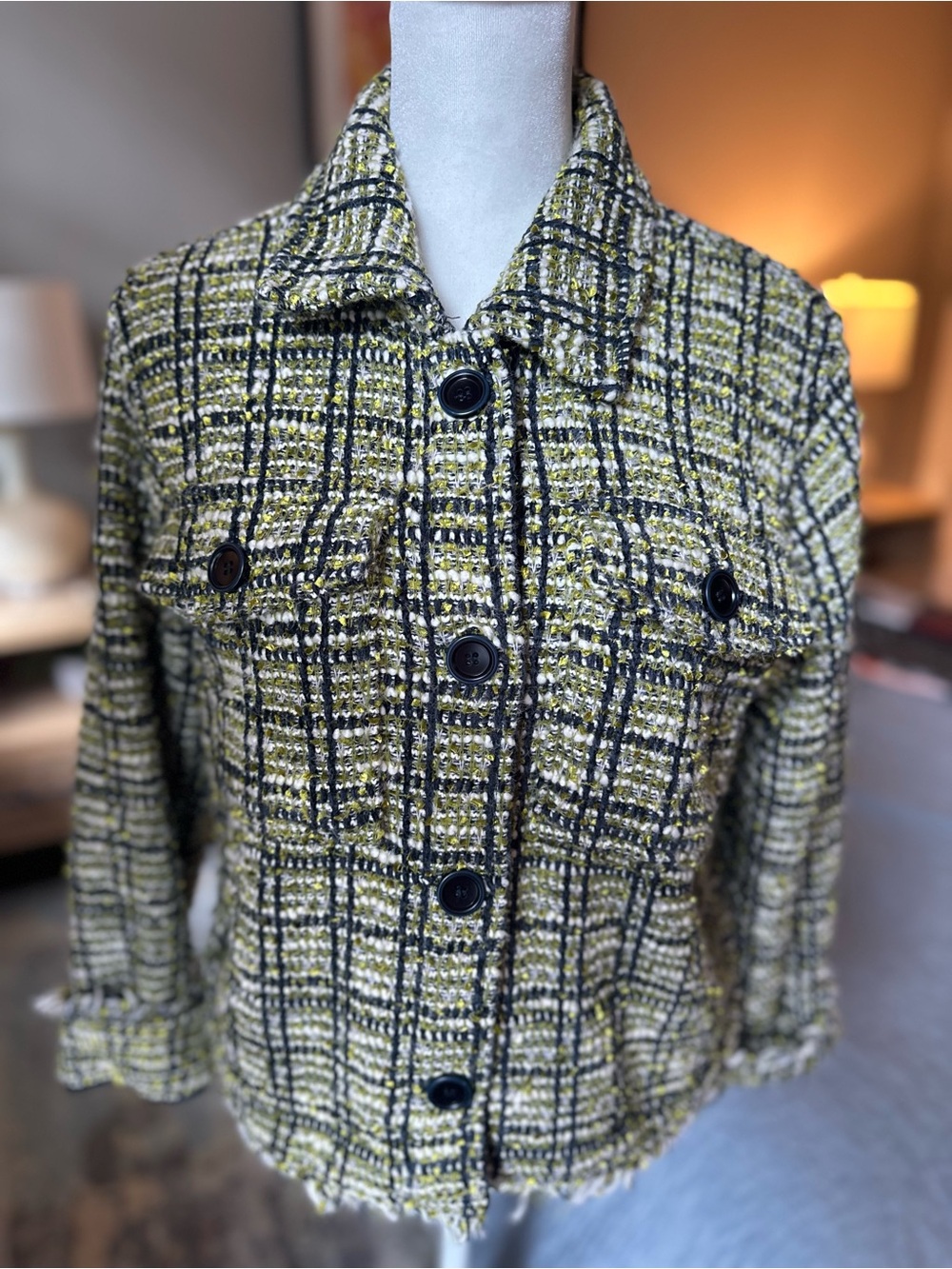 NWOT Liverpool Woven Tweed Button-Front Jacket in Olive Plaid